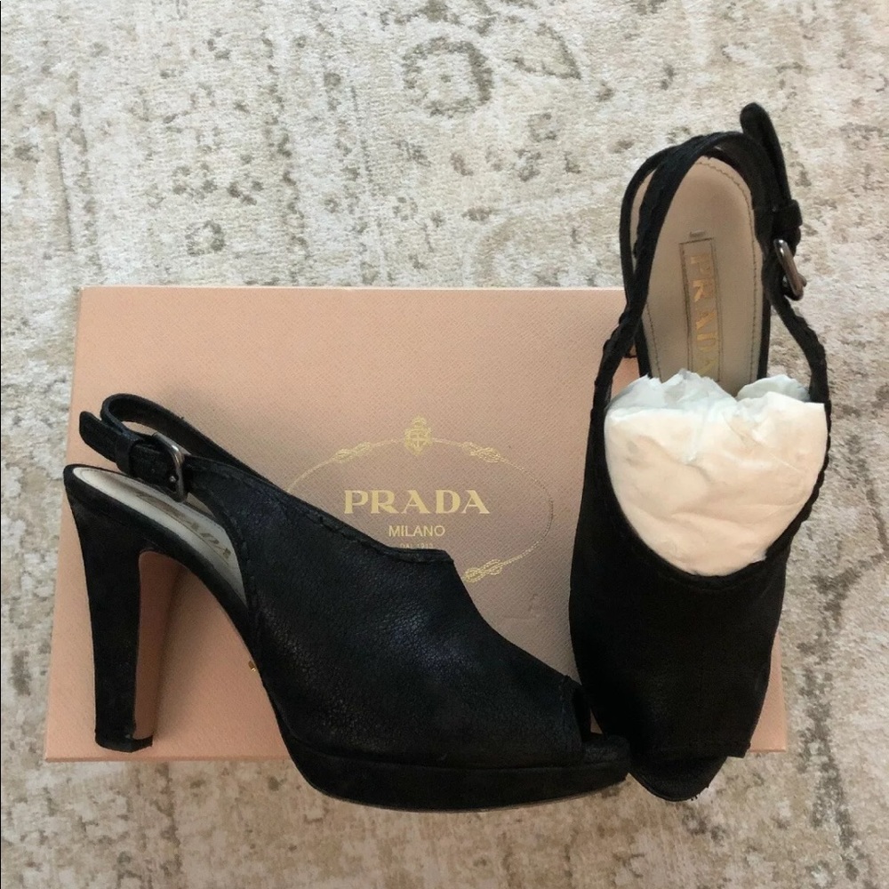 Prada Black Leather Heel Sandal Slingback 39.5